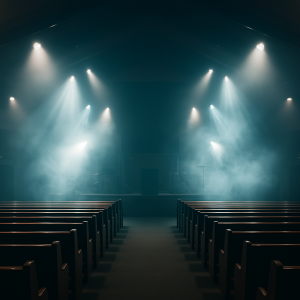 Modern Church – Symbol of Deception Modern church sanctuary with lights and fog, empty seats symbolizing spiritual emptiness.
