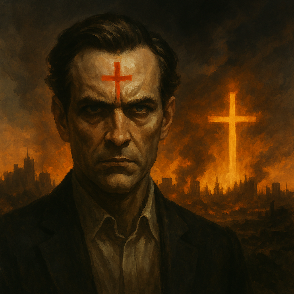 Dark prophetic artwork symbolizing the great deception, featuring a shadowy false messiah figure with glowing eyes standing before a captivated crowd.